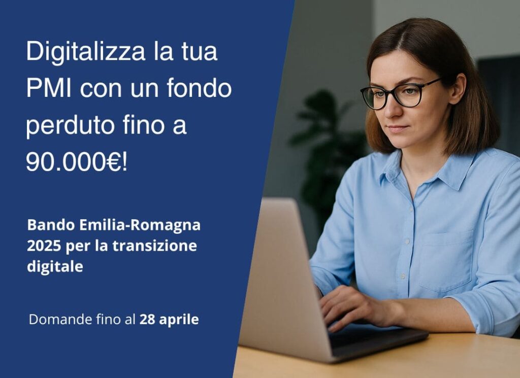 Bando Emilia-Romagna 2025 per transizione digitale PMI. Donna alla scrivania con laptop