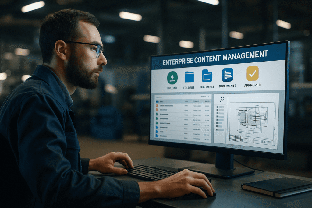Uomo al pc in fabbrica che lavora alla gestione documentale con l'ECM di Tecnovation