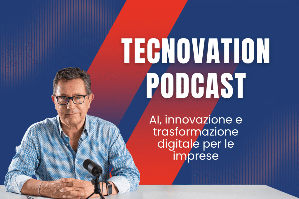 Copertina con titolo "Tecnovation Podcast" e foto di Igino Mortari, il titolare di Tecnovation, alla scrivania con microfono