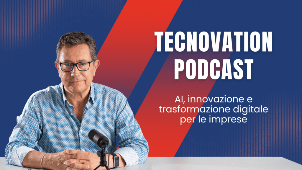 Copertina con titolo "Tecnovation Podcast" e foto di Igino Mortari, il titolare di Tecnovation, alla scrivania con microfono