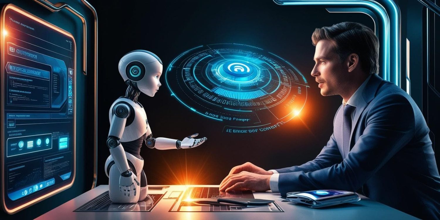 AI in azienda: immagine di un imprenditore e il suo assistente di intelligenza artificiale che ha l'aspetto di un robot