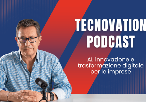 Copertina con titolo "Tecnovation Podcast" e foto di Igino Mortari, il titolare di Tecnovation, alla scrivania con microfono